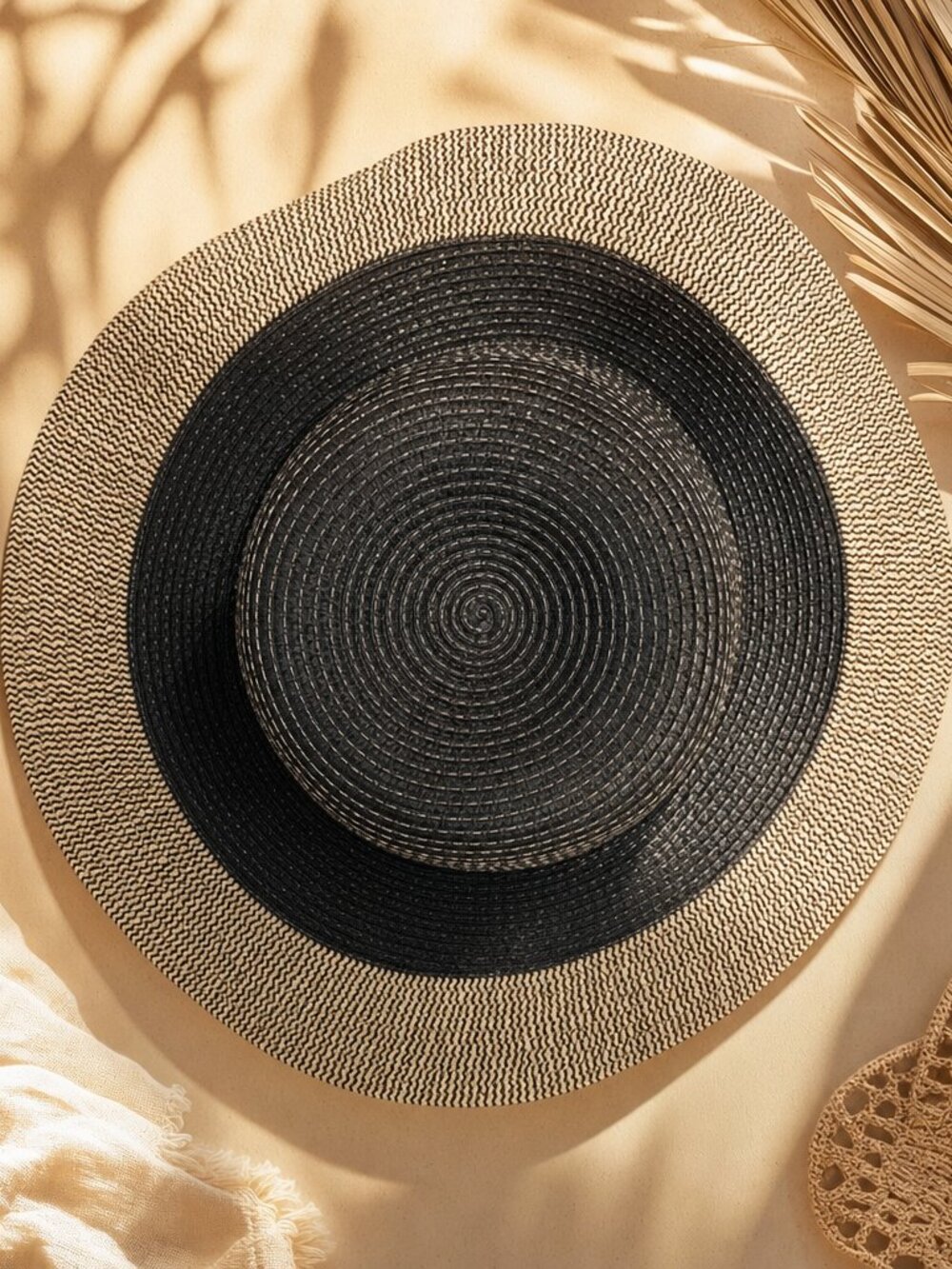 time & tru Black and Natural Two-Tone Straw Sun Hat NWT